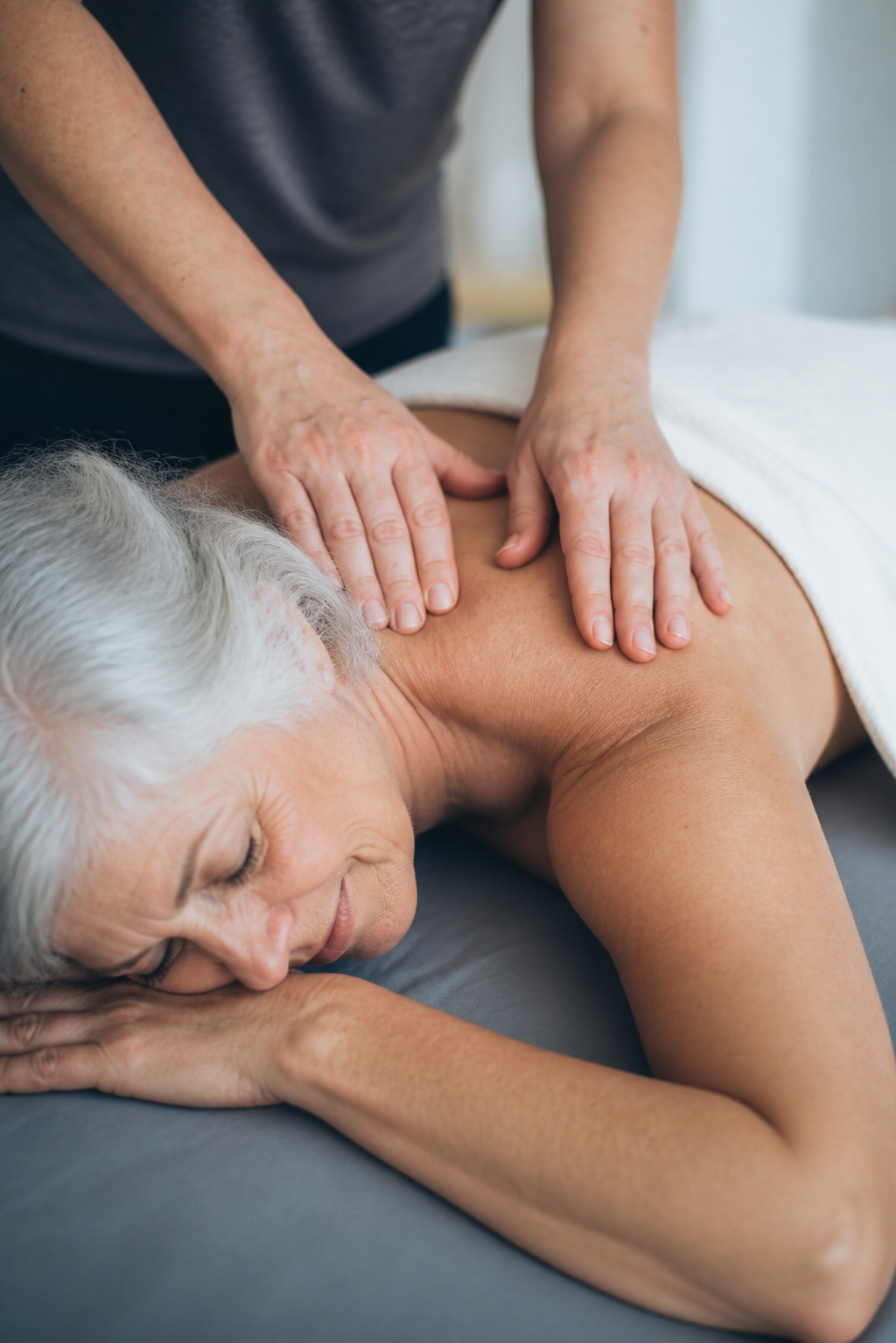 An older woman receiving professional sports massage treatment